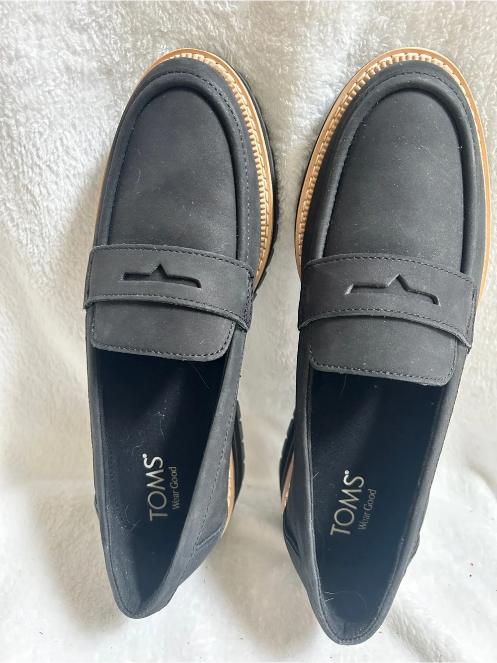 TOMS Black Loafers with Tan Trim - Men's Slip-On Penny Style